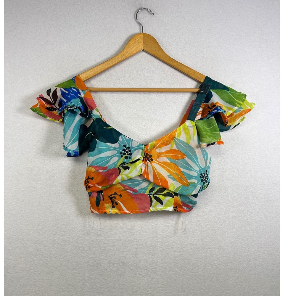 Girl Soul Tropical Floral Crop Top Womens M Multicolor Smocked Ruffle Sweetheart
